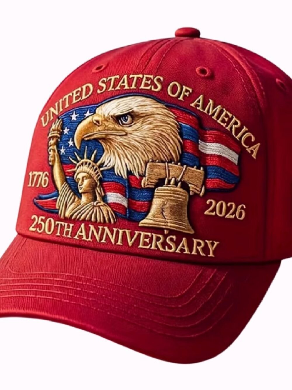 U.S.A. 250th Anniversary Eagle Statue of Liberty Bell Embroidered Red Cap - NEW